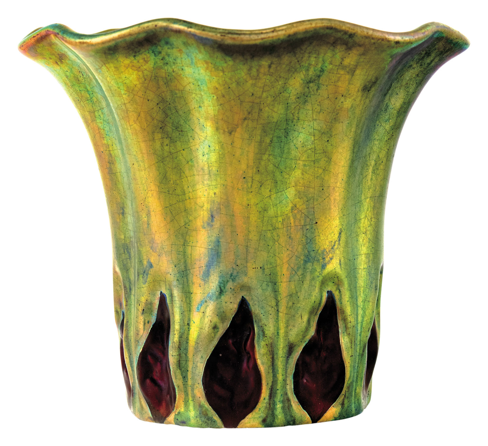Zsolnay Ribbed Vase with flared Rim and Leaf Decoration, 1899