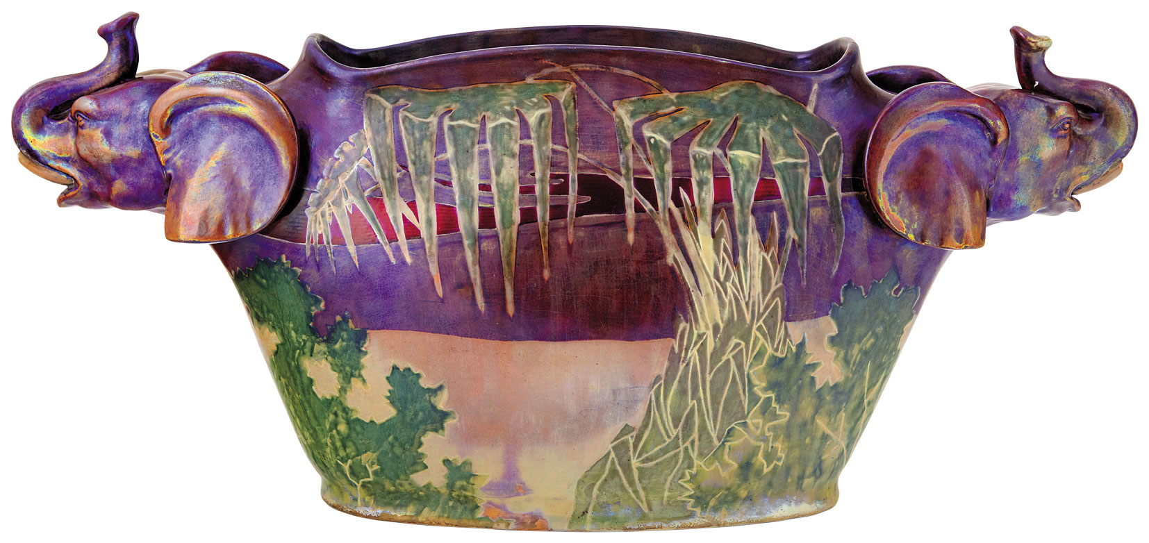 Zsolnay Flowerpot with Decoration depicting Elephant Heads and Tropical Landscape, around 1910, PLAN BY: KAPÁS NAGY MIHÁLY, 1908