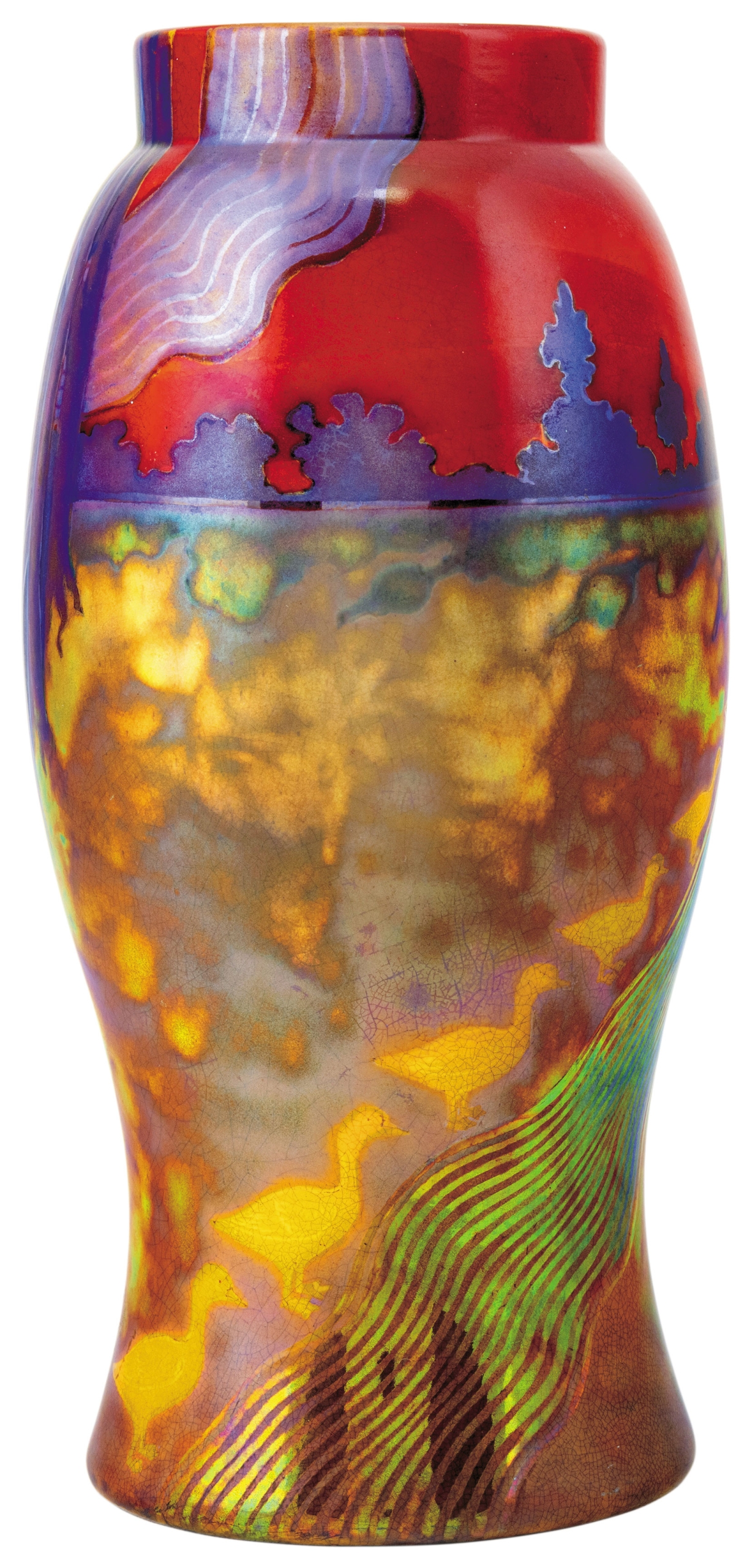 Zsolnay Panoramic Nabis Vase with scenes of sunset, Landscape and Geese, 1899