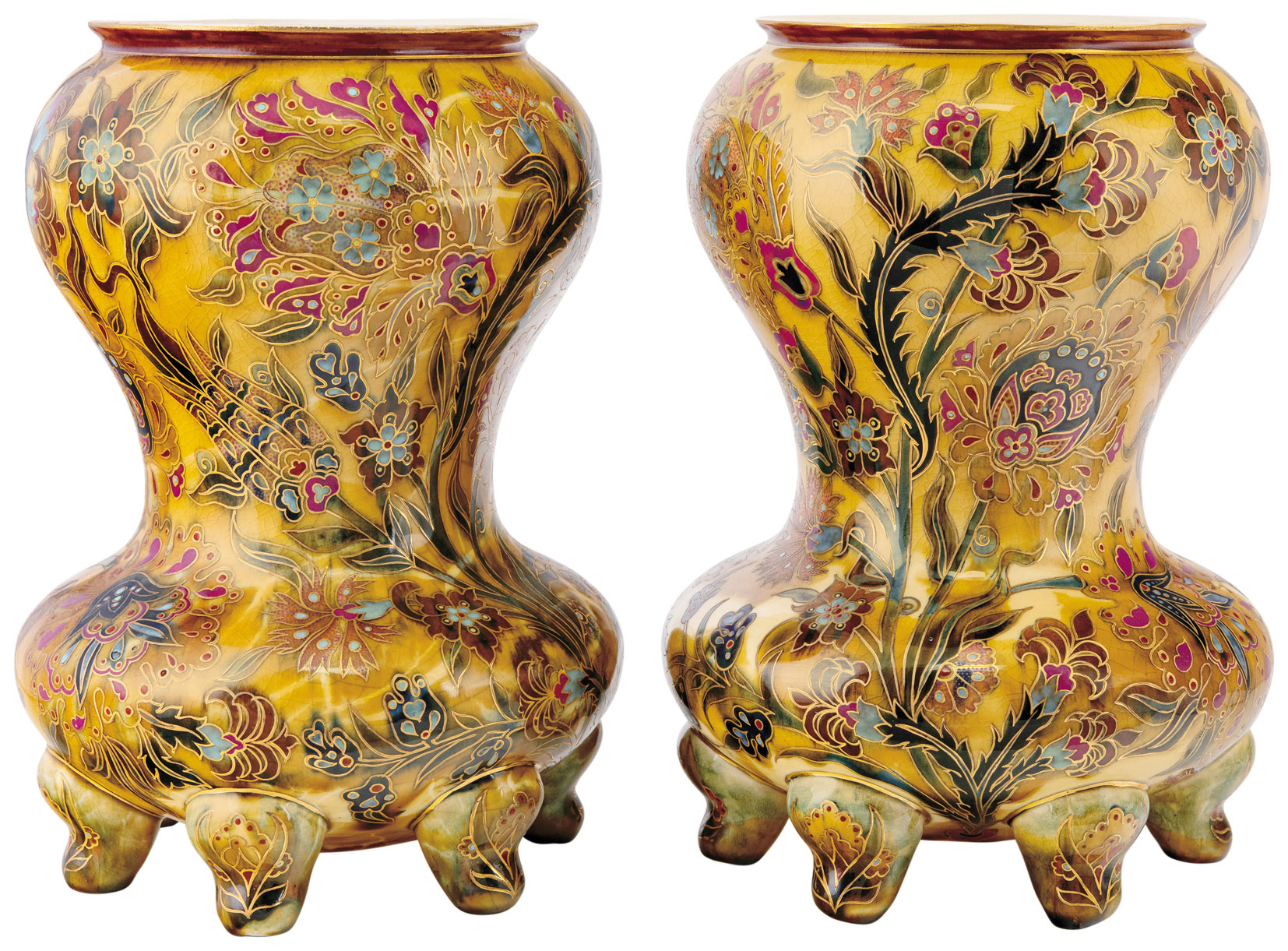 Zsolnay Pair of Vases, Decorated with ORIENTAL Motifs, 1883, PLAN PRESUMABLY BY ZSOLNAY JÚLIA