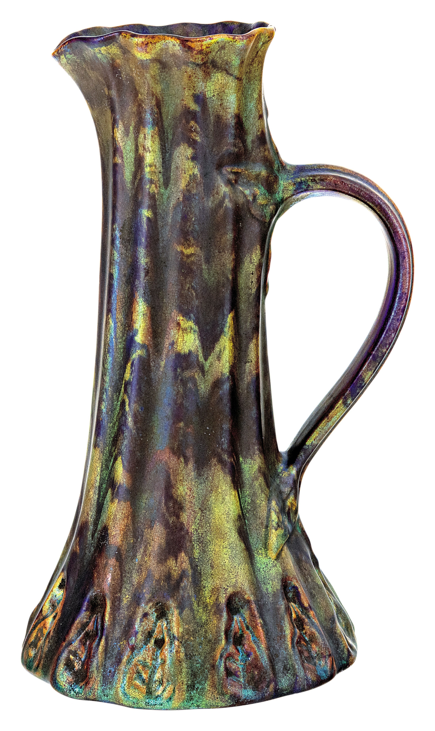 Zsolnay Ribbed Jug decorated with Leafs, 1899