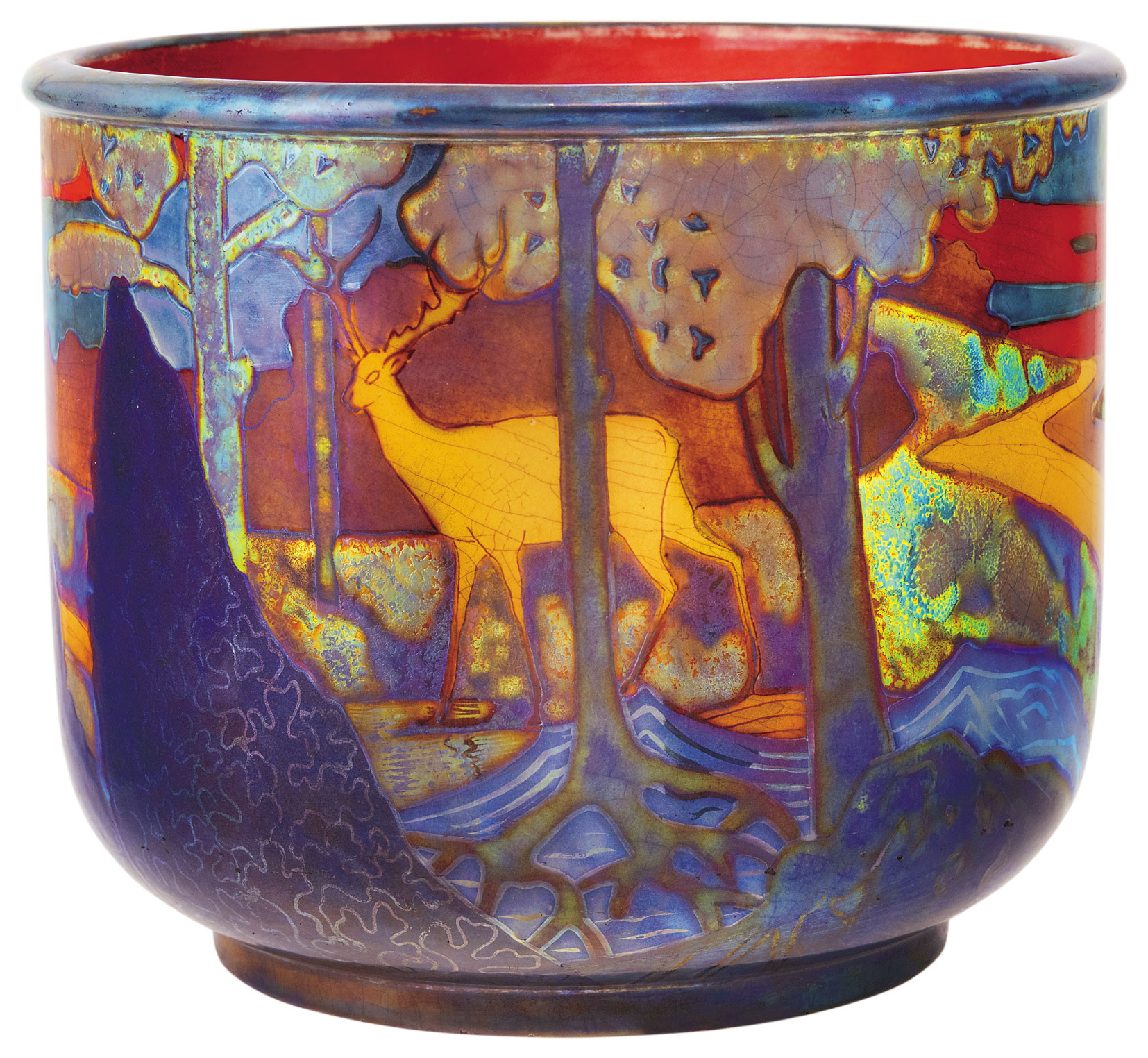 Zsolnay Flowerpot with Deer and Forest in the Wild, 1908