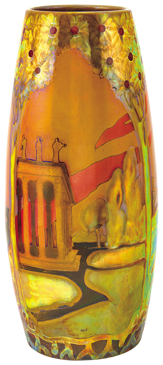 Zsolnay Vase, Antique Ruin, with Rising Sun and Sailboat, Zsolnay, 1898