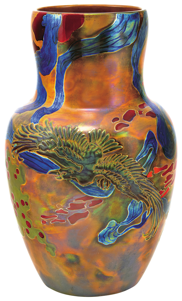 Zsolnay Vase with Expressive Landscape and Bird, Zsolnay, 1909