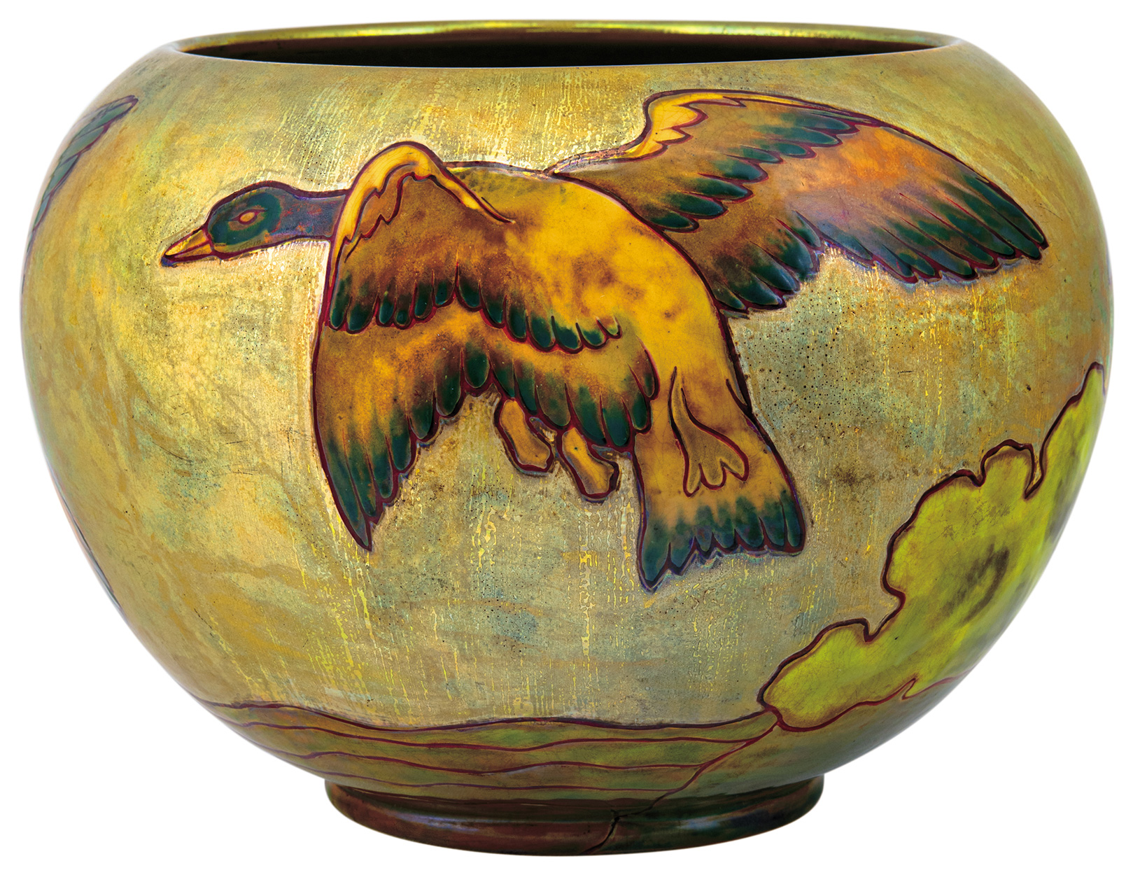 Zsolnay Flowerpot with Wild Geese, From the Venetian Series, Zsolnay, 1902