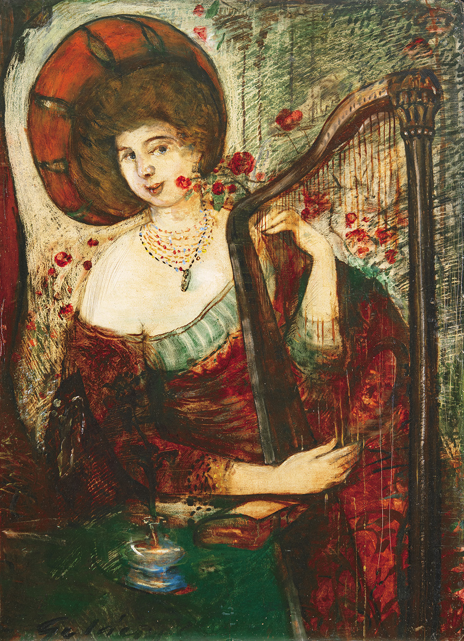 Gulácsy Lajos (1882-1932) Lady playing an Old Instrument, Woman playing the Harp (Antique atmosphere), around 1910