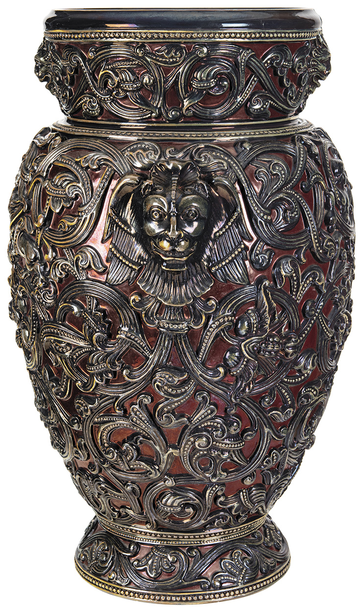 Zsolnay Vase with Roman-style Relief Decoration, Zsolnay, around 1900,, FORM PLAN PRESUMABLY BY: SIKORSKI TÁDÉ, (első kivitel: 1890 IV. - Old Ivory-sorozat stílusban)