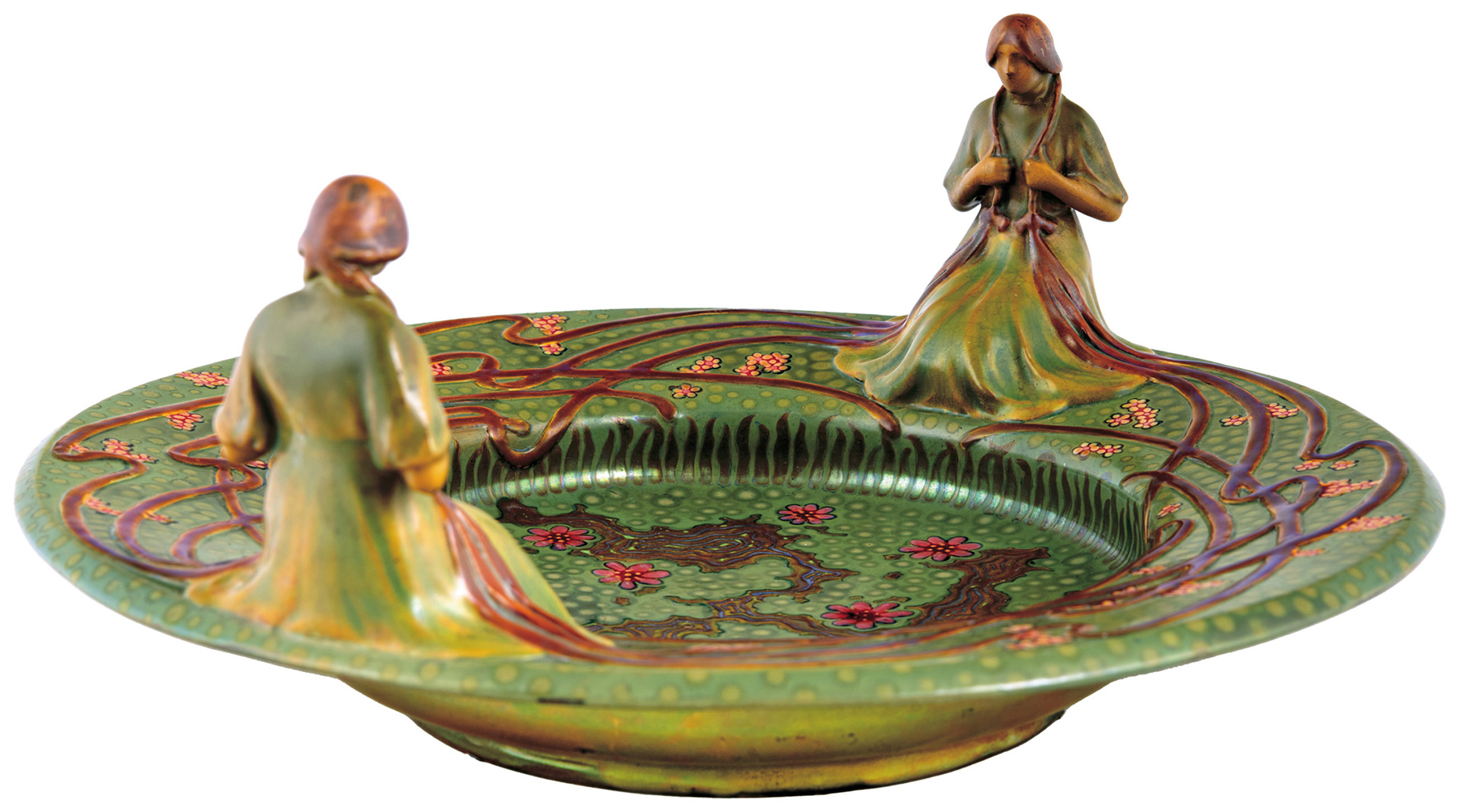 Zsolnay Centerpiece with Two Female Figures on the rim, Zsolnay, 1903,  FORM PLAN BY: APÁTI-ABT SÁNDOR,, MODELLED BY: MACK LAJOS
