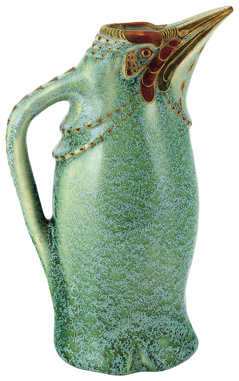 Zsolnay Kingfisher-Shaped Jug from the Grès Series, 1907,, DESIGN BY: APÁTI ABT SÁNDOR, MODELLED BY: MACK LAJOS