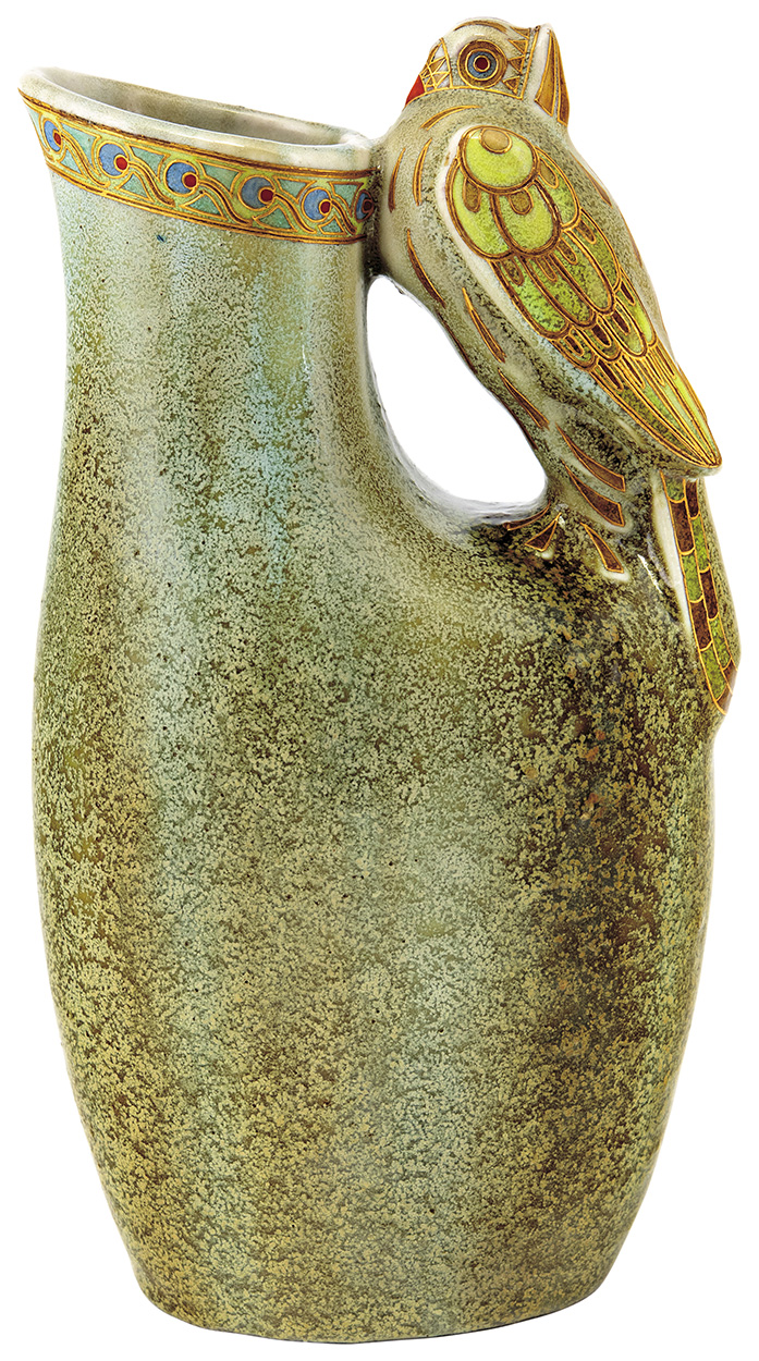 Zsolnay Jug with Pigeon-Shaped Handle, Zsolnay, 1907, FORM PLAN BY: APÁTI ABT SÁNDOR, MODELLED BY: MACK LAJOS
