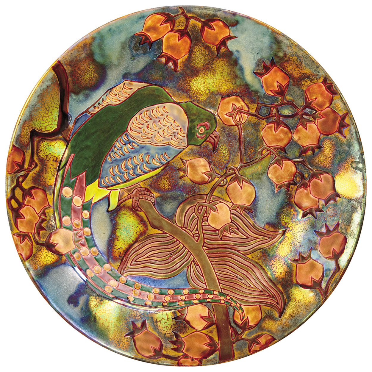 Zsolnay Wall-Plaque with a Bird of Paradise Sitting on a Branch of Medlar, Zsolnay, 1902, DEKOR PLAN PRESUMABLY BY: BRAUN FERENC